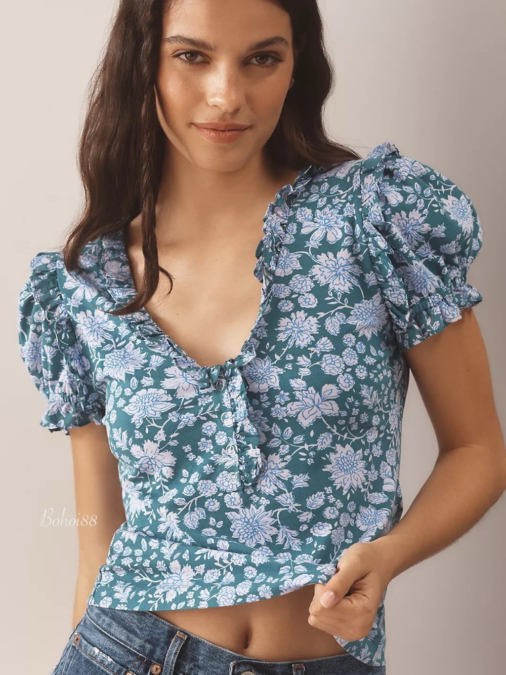 NWT Anthropologie Maeve Floral Puff-Sleeve Ruffle Henley Top